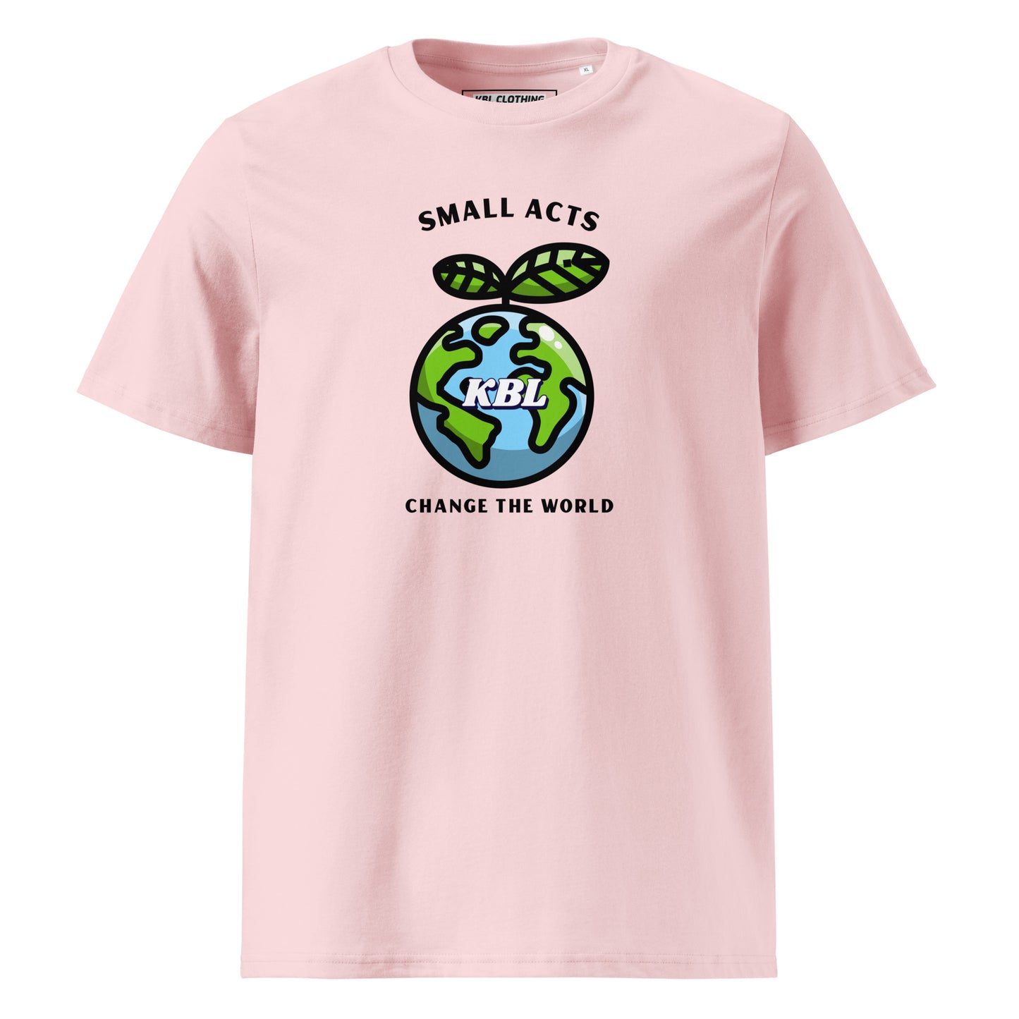 Serie ecológica y sostenible de KBL / Small Act Change the World / Frente estampado / Ropa urbana de KBL / Camiseta unisex sostenible 100 % algodón orgánico.