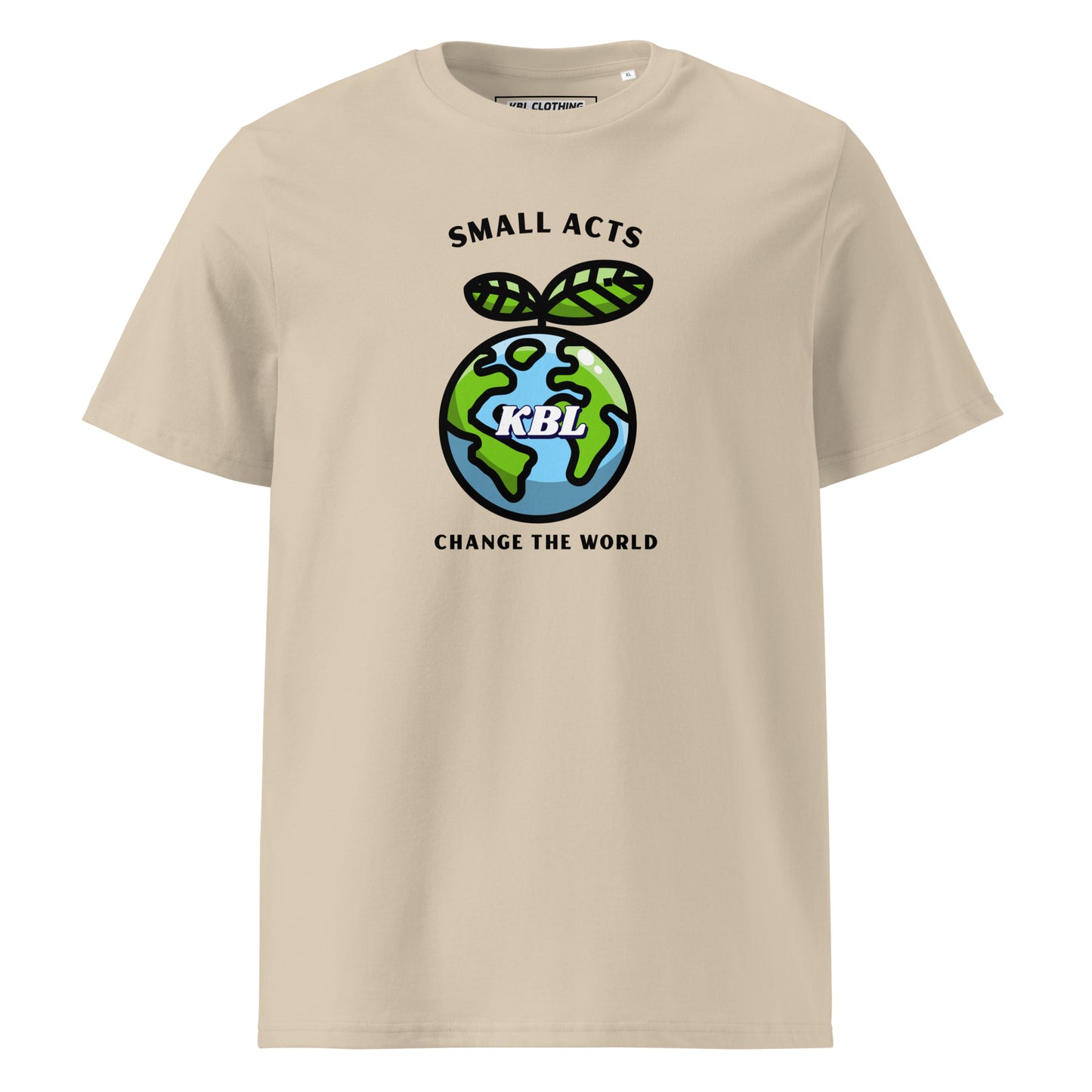 Serie ecológica y sostenible de KBL / Small Act Change the World / Frente estampado / Ropa urbana de KBL / Camiseta unisex sostenible 100 % algodón orgánico.