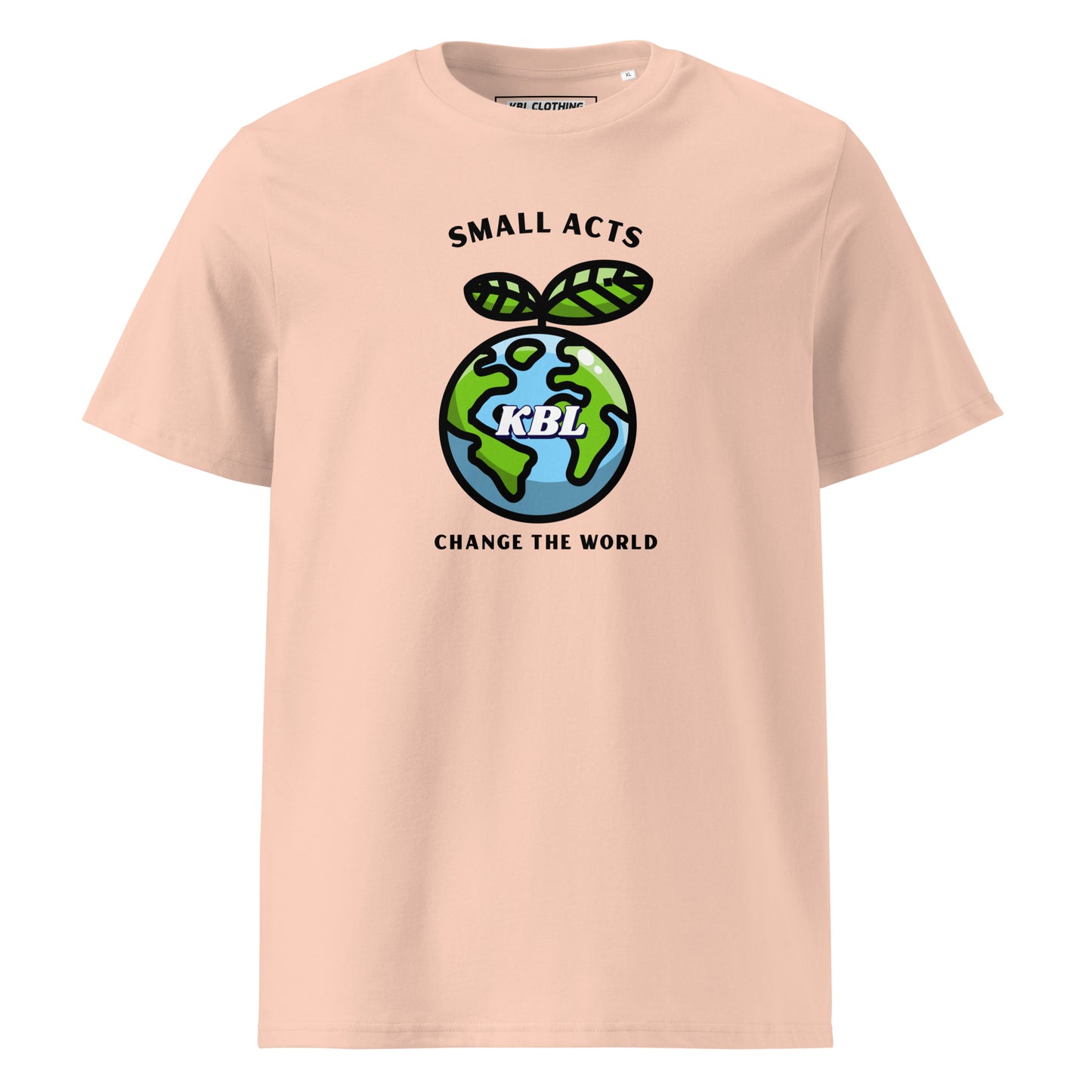 Serie ecológica y sostenible de KBL / Small Act Change the World / Frente estampado / Ropa urbana de KBL / Camiseta unisex sostenible 100 % algodón orgánico.