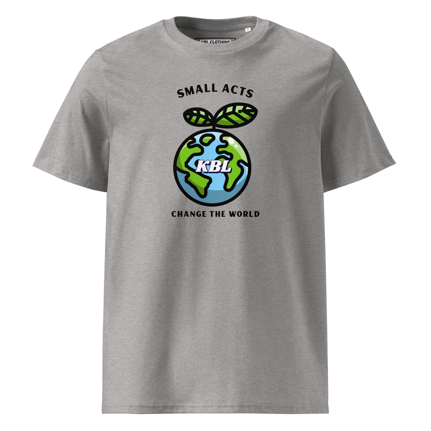 Serie ecológica y sostenible de KBL / Small Act Change the World / Frente estampado / Ropa urbana de KBL / Camiseta unisex sostenible 100 % algodón orgánico.