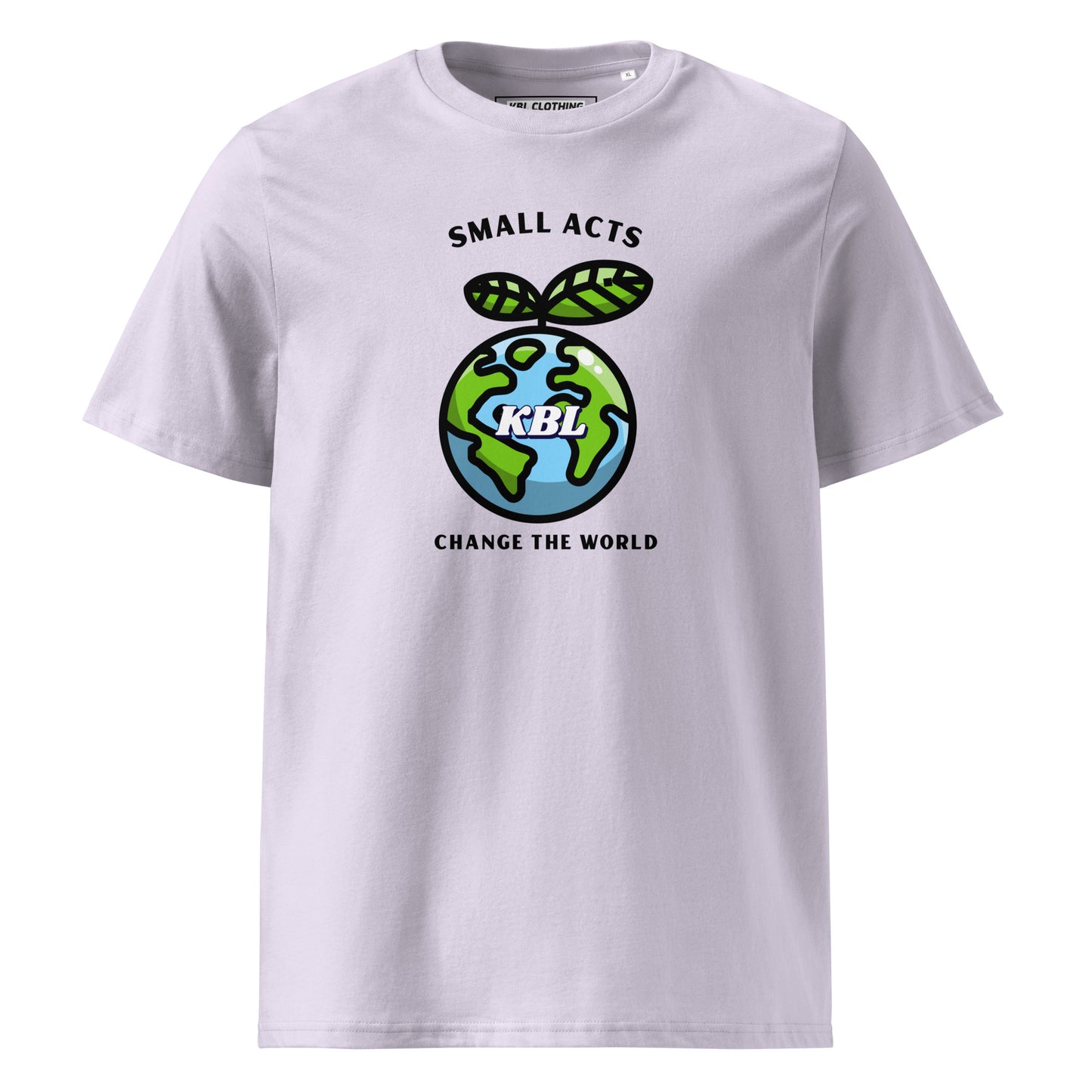 Serie ecológica y sostenible de KBL / Small Act Change the World / Frente estampado / Ropa urbana de KBL / Camiseta unisex sostenible 100 % algodón orgánico.