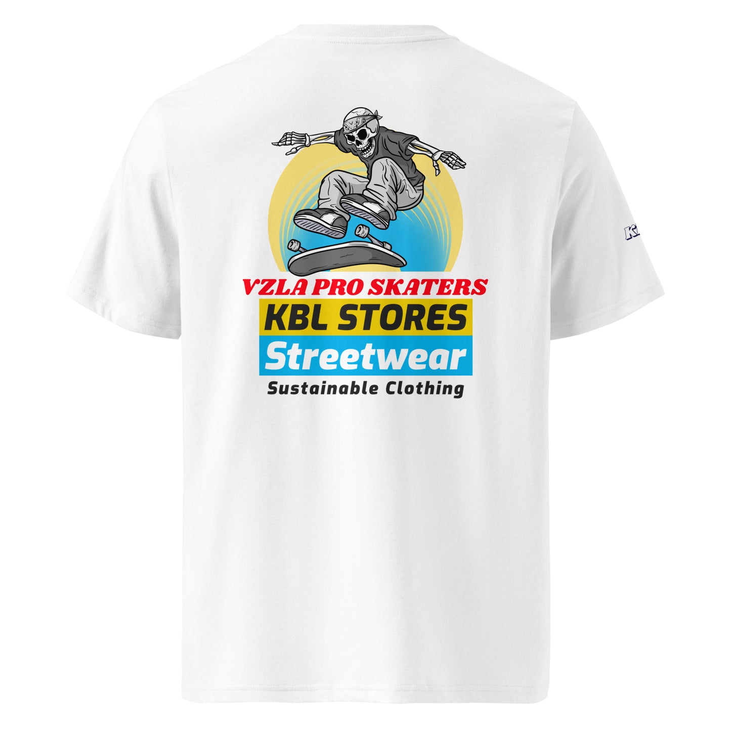 Serie ecológica y sostenible de KBL / Camiseta Premium Vzla Pro Skate skeleton 1 / Camiseta unisex ecológica y sostenible KBL Essential / Estampada en la parte delantera y trasera