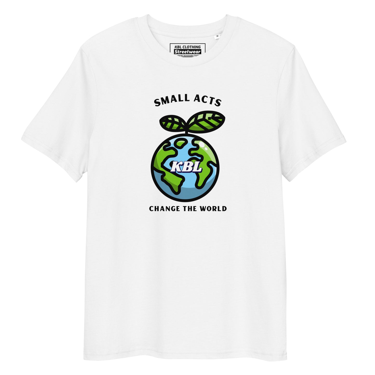 Serie ecológica y sostenible de KBL / Small Act Change the World / Frente estampado / Ropa urbana de KBL / Camiseta unisex sostenible 100 % algodón orgánico.