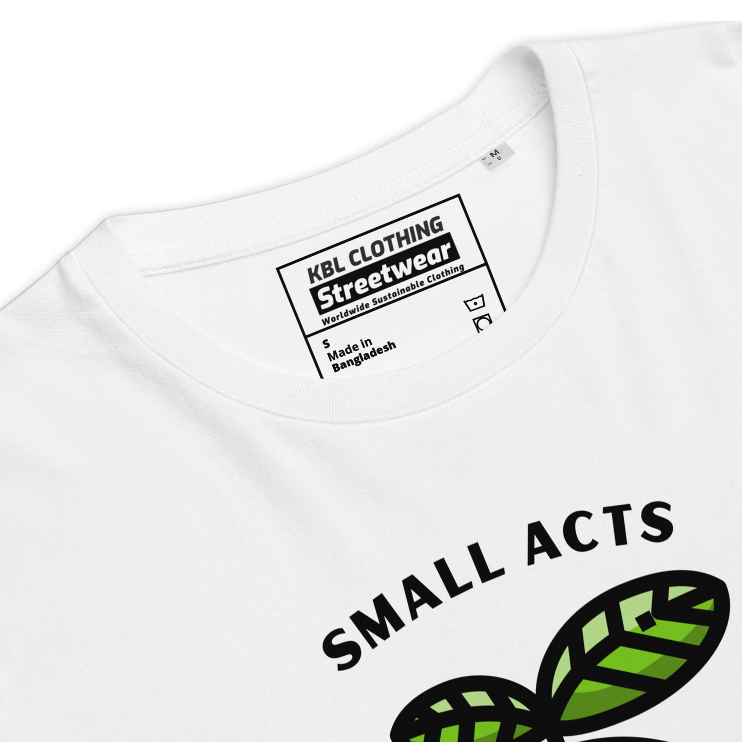 Serie ecológica y sostenible de KBL / Small Act Change the World / Frente estampado / Ropa urbana de KBL / Camiseta unisex sostenible 100 % algodón orgánico.